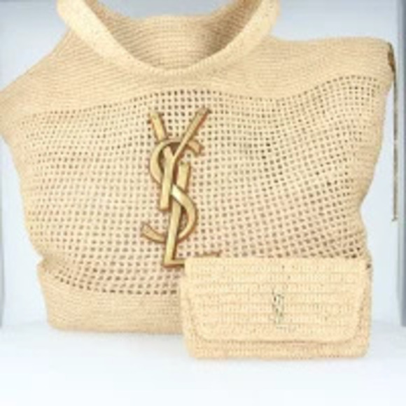 Saint Laurent Handbags - Saint Laurent Icare Maxi Basket Bag Raffia Calfskin Leather Black Handbag h